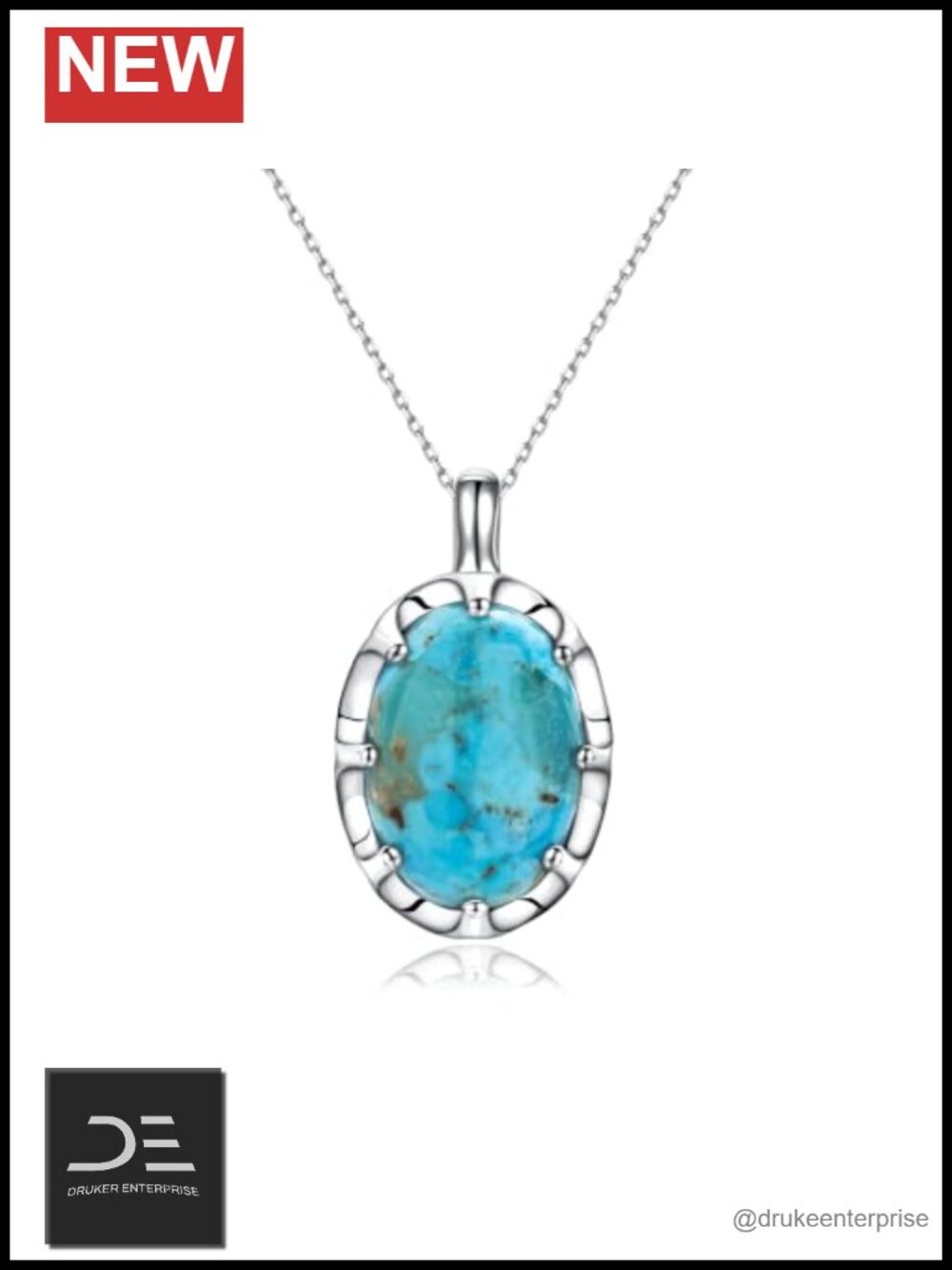 Vintage Boho Turquoise Oval Pendant Necklace 925 Sterling Silver